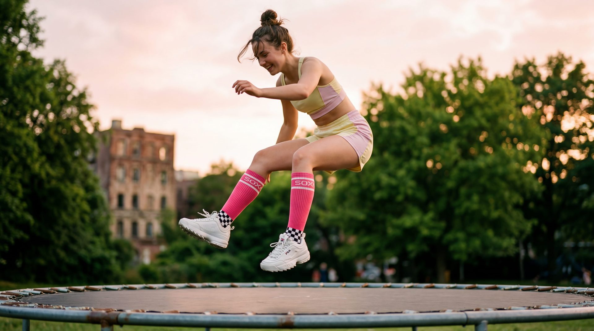 Person mid-jump in a Berlin fountain wearing SOXXD splash socks.