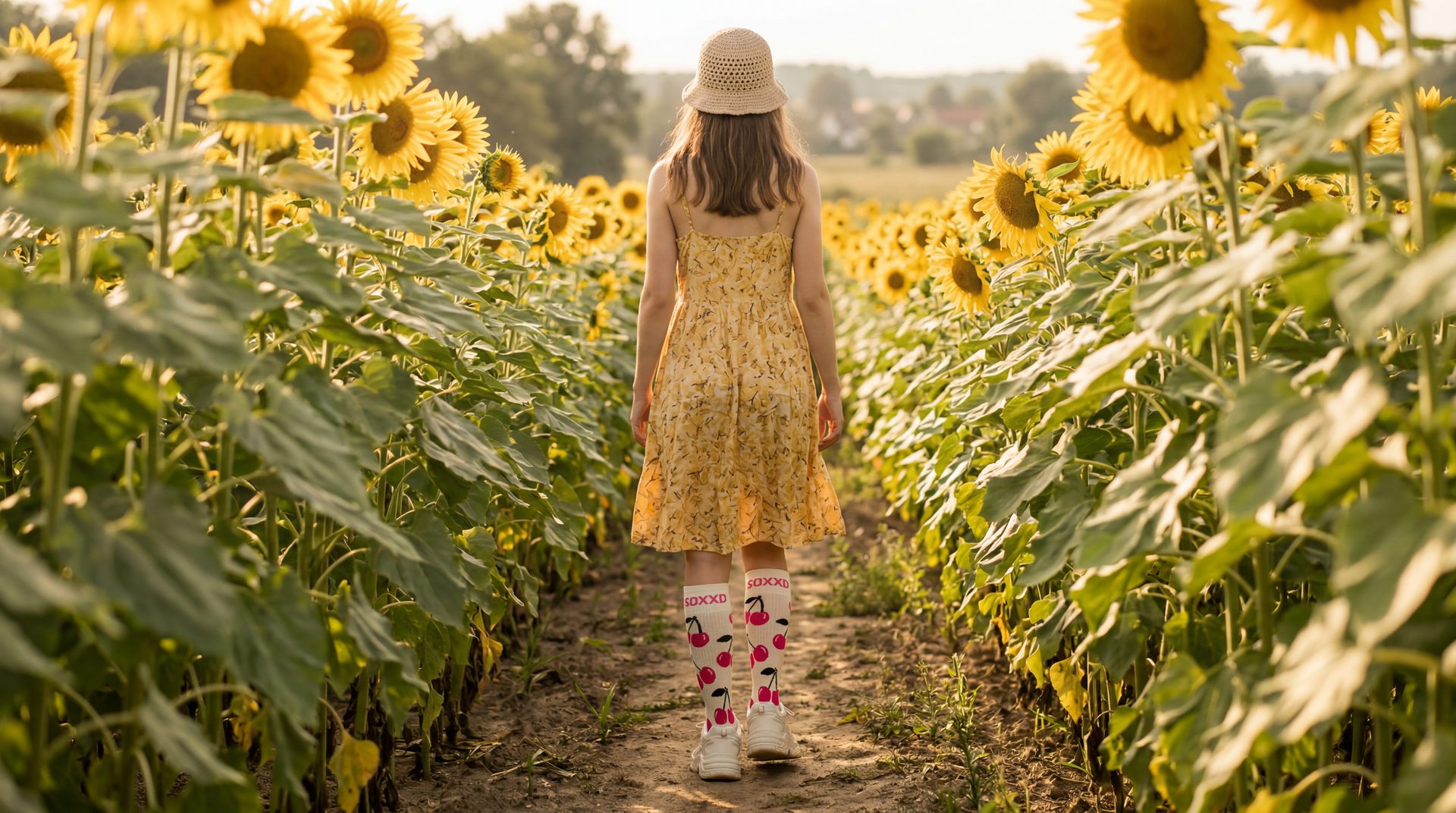Girl jumping on a trampoline at sunset, hot-pink SOXXD knee-highs.
