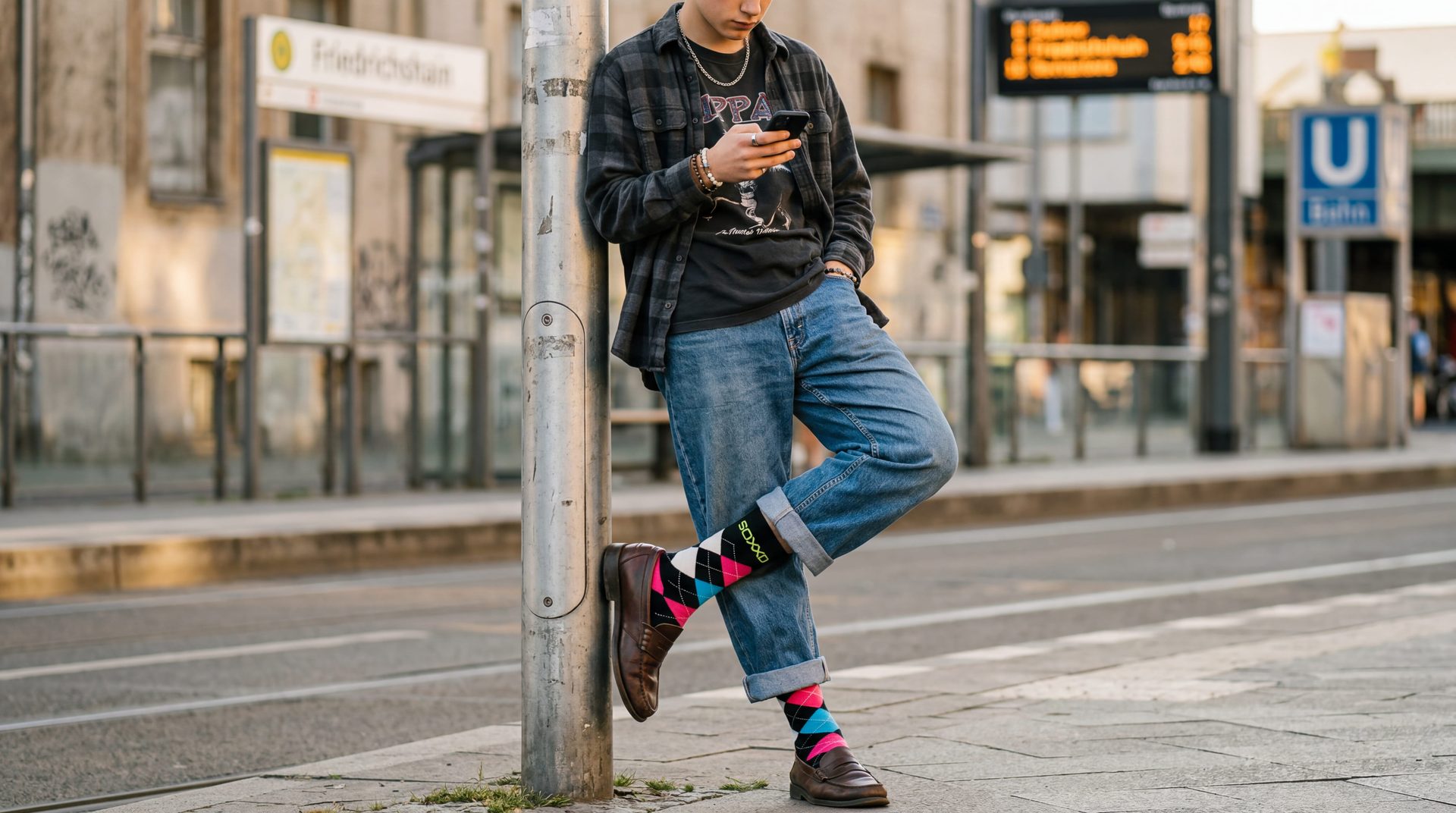 Close-up: argyle SOXXD socks worn with loafers and rolled jeans at a Berlin U-Bahn stop.